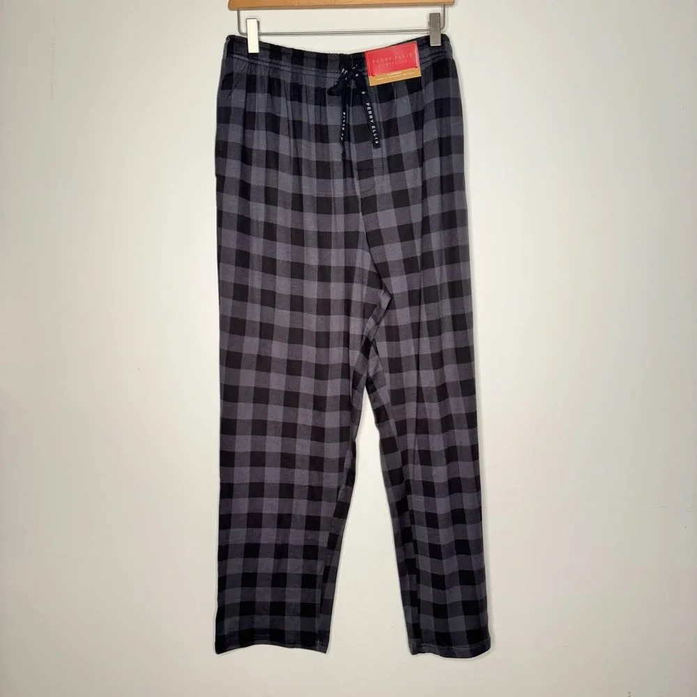 NWT Perry Ellis Portfolio Deluxe Touch Black Gray Plaid Pajama Lounge Pants L - Picture 3 of 9